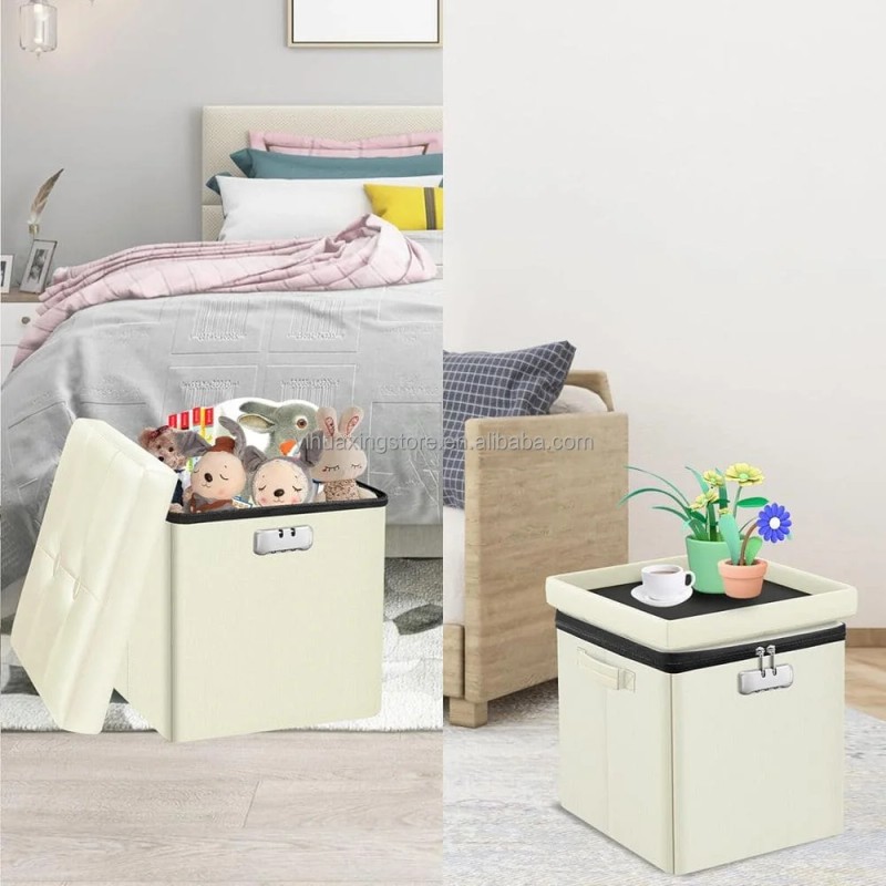 13" Fireproof Storage Ottoman Modern Leather Footstool with Lock Square