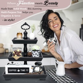 3 Tier Serving Tray [3 in 1] - Gorgeous Coffee Table Tray [Includes 3 Changeable Handles] - Can Assemble into a 1, 2 or 3 Tier Decor - Kitchen Table Centerpiece - Rectangle Wooden Serving Stand