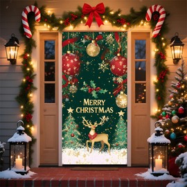 Christmas Door Cover Banner, 6 x 3 ft Christmas Decorations Flag Photography Background for for Winter Party Decorations Supplies (Green, 70.8 x 35.4 Inch)