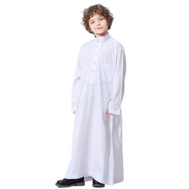 IBTOM CASTLE Robe for Boys Muslim Long Sleeve Thobe Abaya Saudi Arab Kaftan Islamic Zipper Arabic Dubai Dress With Pockets, White - Button, 9-10 Years