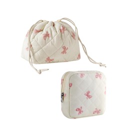 RSRSLEII 2Pcs Small Cotton Quilted Makeup Bag Set, Cute Coquette Drawstring Cosmetic Bag with Canvas Lining, Aesthetic Travel Organized Toiletry Bags for Purse (04White Pink)