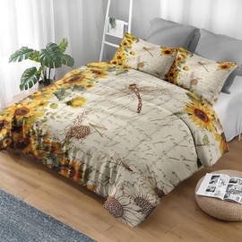 Pamnest Comforter Set Full Size, Sunflower Floral Flower Soft 3 Pcs Bedding for Kids and Adults, Dragonfly Vintage Summer Comforter Set with Pillowcase, for Bedroom Bed Decor