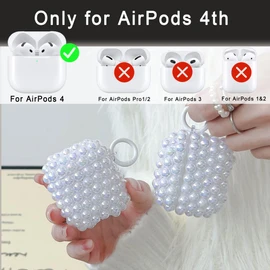 Bling Pearl Cover for AirPods 4 Case, Luxurious Rhinestone PC Glitter for AirPods 4th Generation Case Diamonds Accessories Set for Women Girl with Crystal Bracelet/Cleaning Pen/Keychain - White