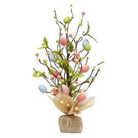 Easter Tree Decorations with Ledlight, 45cm Easter Egg Tree Ornament with Burlap Base Decorative Tree Table Centerpiece for Easter Table Decor Artificial Plants (Color 2)