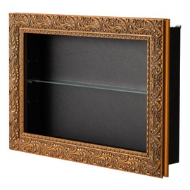 PaletteLife Rococo Style Shadow Box Wall Cabinet, Antique Gold Frame, Square Type, 17.7 x 11.8 (45x30cm), Depth 2.4" (6cm), Adjustable Glass Shelf, Wall Mount, BLT-636GD