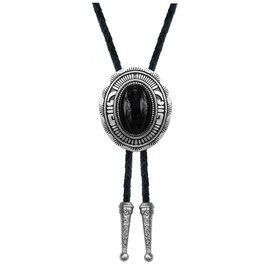 YOQUCOL Black Stone Bolo Tie Native American Western Genunie Leather Necktie Bolo Ties For Men