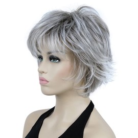 Lydell Short Layered Shaggy Wavy Full Synthetic Wigs (48T Light Gray with Dark Root)