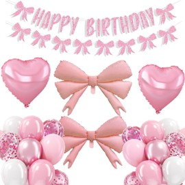 Pink Bow Birthday Party Decorations For Girl, Pink Coquette Birthday Decorations With Bow Banner, Happy Birthday Banner, Pink White B-o-w Balloons, Heart Balloons For Girl Birthday Decor