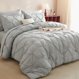 CozyLux Queen Comforter Set Light Grey, 7 Pieces Pintuck Bed in A Bag, Premium Gray Comforter Queen Size, Pinch Pleat Bedding Sets with Comforter, Flat Sheet, Fitted Sheet, Pillowcases & Shams
