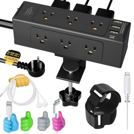 Desk clamp Power Strip Desk Compact mountable Surge Protector Outlet Station USB-C, 9 AC Plugs & 3 USB Ports, Plug in & Out Electronics, Desk Power w/Cable Holders & Hooks - Black