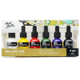 Mont Marte Acrylic Ink Premium 6pc x 20ml (0.7 US fl.oz), Acrylic Inks for Artists, Essential Colors, Ideal for Air Brush, Pouring Art, Scrapbooking, Ink Drawing, Mixed Media