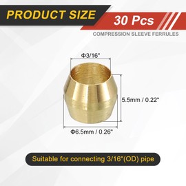 sourcing map 30Pcs Fit for 3/16" Tube OD Brass Compression Sleeve Ferrules Brass Compression Tube Fitting for Water Oil Air Pipe