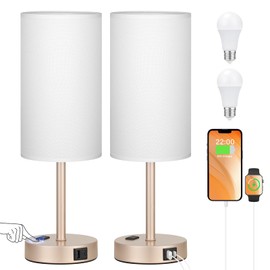 17inches Tall Touch Bedside Table Lamps Set - 3 Way Dimmable Bedroom Lamp Set of 2 with USB C and A Ports, Lamps for Nightstand with AC Outlet, Gold Base Round Flaxen Shade for Desk, Office, Dorm