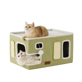 ZOMISIA Extra-Wide Cat House for Indoor Cats - Large Cat House for Pet with Fluffy Ball Hanging and Scratch Pad, Foldable Cat Hideaway for Multi Cats, 23x16.5x13 inches, Green