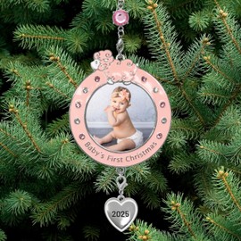 2023 Baby Girl's First Christmas Photo Ornament - Dated Xmas Picture Frame Decoration for Newborn Daughter - Baby's 1st Keepsake - Gift/Storage Bag Included - Set of 2