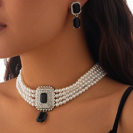 Women Boho 1920s Pearls Choker Necklaces Earrings Set Gold Silver Green Pearls Layered Choker Necklaces Black Multilayer Rhinestones Layering Necklaces for Women (Silver Black)