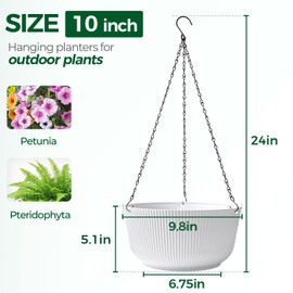 T4U 10 Inch Hanging Planters for Indoor Plants, 2 Pack White Self Watering Hanging Plant Pot, Hanging Pots Set with Drainage Hole & Plug & Chain with 3 Hooks for Garden Home Decor