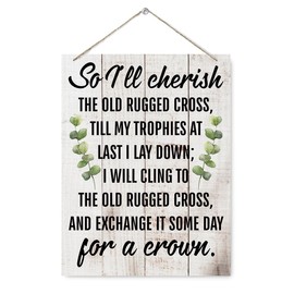 Religious Wood Sign - So I'll Cherish the Old Rugged Cross, Hymn Wall Decoration, Christian Home Decor for Living Room Bedroom, Church Decor, Bible Verse Wall Art, Jesus Wooden Plaque
