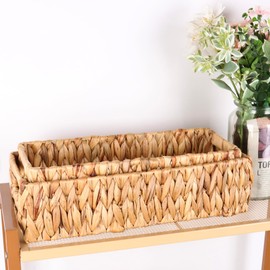 Moosky Wicker Storage Baskets with Handle Water Hyacinth Basket for Organizing Decorative Storage Bins for Countertop Toilet Tank Boho Rectangular Home Organizer (Natural, Set of 2)