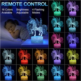 Unicorn Night Light Children, Kawaii Night Light Baby, Unicorn Toy 3D Illusion Bedside Lamp, 16 Colours Change with Remote Control, Colour Changing Sleeping Light, Children's Room Decoration, Birthday