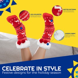 Festive Fix Premium Slipper Socks for Women – Ultra-Soft Non-Slip Bootee Winter Wool Socks | Extra Warm Thermal Knit With Pompoms Decoration for Ladies | Fluffy Knitted Home Socks