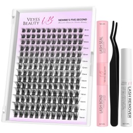 VEYESBEAUTY Lash Clusters Kit Individual Eyelash Extensions Thin & Invisible Band DIY False Eyelashes Newbie's Five-Second Series Wispy Lash Tray, Bomb KIT with Bond&Seal Remover Applicator
