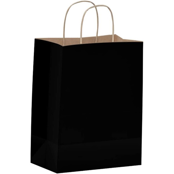 Black Gift Bags with Handles - 25 Pcs 8"x4.5"x10.5" Black Paper Bags, Shopping Bags, Party Bags, Favor Bags, Goody Bags, Cub, Business Bags, Kraft Bags, Retail Bags, Paper Gift Bags