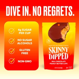 SkinnyDipped Milk Chocolate Peanut Butter Cups, 4g Sugar, Low Sugar, Low Carb, Gluten Free, 3.2oz Bag, 4 Pack (24 Cups Total)