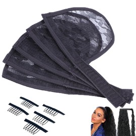 5 Pack Ponytail Extension Lace Base Hook and Loop Ponytail Pieces Lace Net Ponytail Base for Ponytails Wigs Making Hair Extensions Ponytails Hairpieces Pony Tail Hair Wefts Tracks Wrap Around