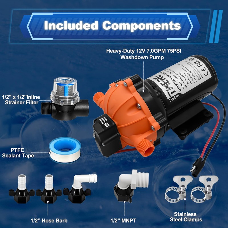 TWERE 12V Pump,7.0GPM,75Psi Diaphragm Water Pump,5 Chamber Self-Priming RV Water