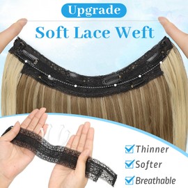 KooKaStyle Invisible Wire Hair Extensions Long Wavy Layered Synthetic with Transparent Wire Adjustable Size 6 Secure Clips Hairpieces for Women 20 Inch (Brown with Golden Blonde Highlight)