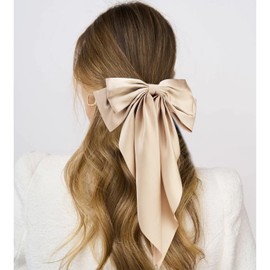 Atoden Hair Bows Silky Satin Bows for Hair Ribbons 2Pcs Coquette Oversized Long Tail Hair Bow Clips Barrettes Big Bowknot Hair Accessories for Women Girl Trendy Stuff Gifts (Khaki Brown)