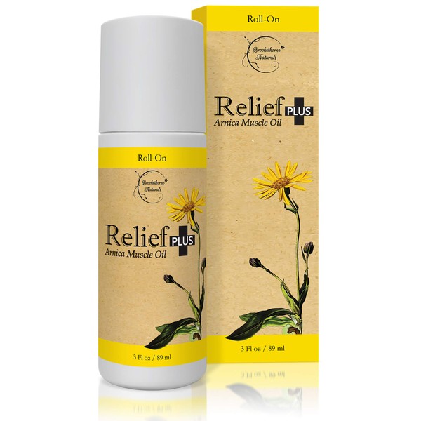 Relief Plus Arnica Muscle Oil – All Natural Highly Concentrated Roll On - Cypress, Eucalyptus & Helichrysum Essential Oils & Menthol for Sore Muscles, Aching Joints by Brookethorne Naturals