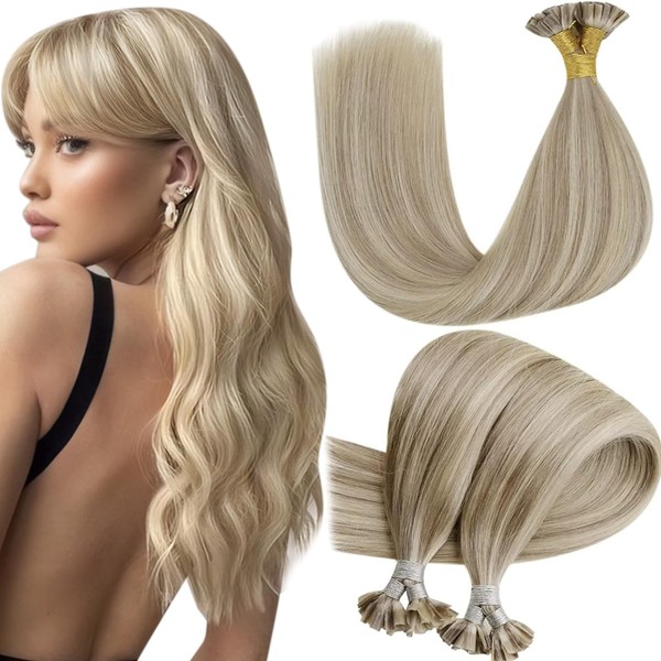 Hetto Real Hair Tape-In Keratin Bonding Extensions, Ash Blonde Highlights, Light Blonde, Straight, 17/23, 50 g, 35 cm