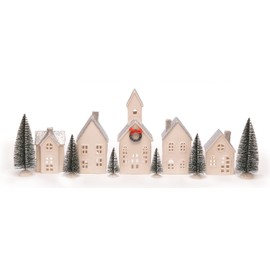 Mark Feldstein & Associates Silver Rooftopped Village with Trees, White Porcelain LED Holiday Figurines, 16 Piece Set, 11 Inch
