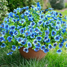 florisso Artificial Fake Plants Flowers for Outdoor Outside Summer Decoration, 12 Bundles Faux Silk Blue Daisy UV Resistant Look Real for Porch Patio Home Yard Garden Planter