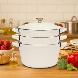 QuliMetal Enameled Cast Iron Set 5-Pc, 10" Stackable Space-Saving Cookware Set, Dutch Oven, Skillet, Grill Pan, with 2 Universal Lid, Versatile Enamel Dutch Oven, Included Spacers, White