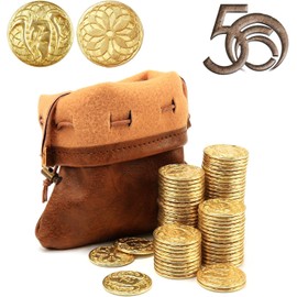 Byhoo, Fantasy Set with DND Metal Coins and Leather Bag, The Novel Token Treasure for Board Games and Retro Props, 50 Magically Sparkling DND Gold Coins for Party TRPG Games