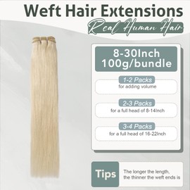 Rich Choices Weft Hair Extensions Real Human Hair Blonde Human Hair Weave 100g 18 Inch Sew in Weft Extensions Human Hair Bundles Remy Hair Extensions #60 Platinum Blonde