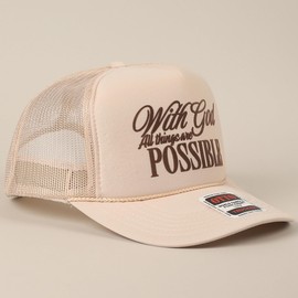 MIRMARU Christian-Themed Heat Printed 5 Panel Foam Trucker Hat with Mesh Back for Men and Women. (with God All Things are Possible-Tan)