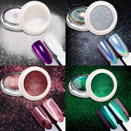 Chrome Nail Powder -White Pearl Chrome Powder for Nails, Holographic Mica Unicorn Iridescent Nail Chrome Powder, Pink Rose Gold Chrome Powder for Gel Nails, Green Aurora Chameleon Chrome Dust Nail Art