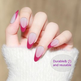 Umillars French Press on Nail Tips Long Almond Fake Nails with White Pearls Bow Designs Pink Full Cover Glue on Nails Press on Acrylic False Nails Stick on Nails (8-BKS1826-rose red)