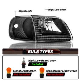 BRYGHT Headlight Assembly Compatible with 97-03 F150 / 04 F150 Heritage / 97-02 Expedition / 97-99 F250 Light Duty Bulbs Included with Corner Lights 4pcs (Black Housing with Clear Reflector)