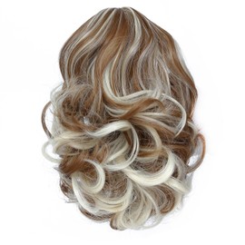 Yamel Ponytail Extension 8" Short Curly Wavy Highlight Brown Mix Blonde Claw Jaw Clip in Synthetic Hairpiece Pony Tail Tale Ponytail Hair Extensions