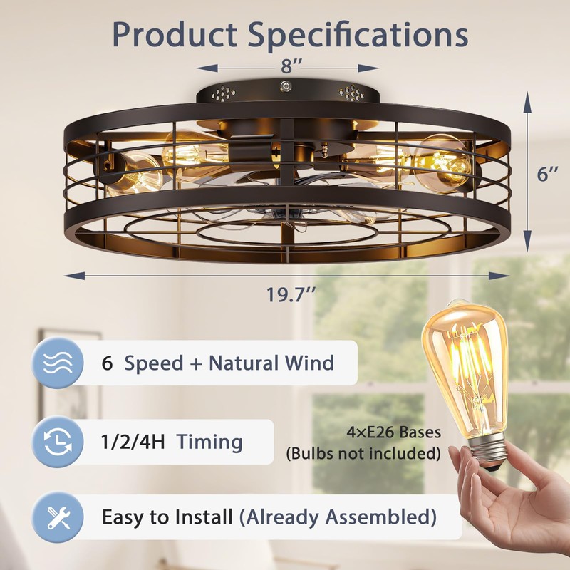 VOLISUN Caged Ceiling Fan with Light and Remote,19.7 inch Fandelier