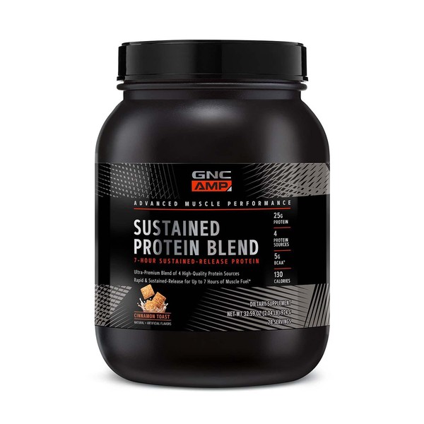 GNC AMP Sustained Protein Blend| Targeted Muscle Building and Exercise Formula | 4 Protein Sources with Rapid & Sustained Release | Gluten Free |28 Servings | Cinnamon Toast