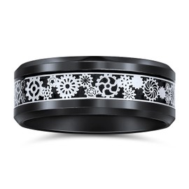 Mechanic Car Racer Ring Punk Rock Motorcycle Biker Jewelry Silver Black Titanium Rings for Men Wedding Bands Steampunk Gear Wheel Carbon Fiber Inlay Beveled Edges Comfort Fit 8MM