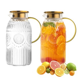 Amzcku Glass Pitcher with Lid, 68 oz/ 2 Liter 2Pack Vintage Water Pitcher,Glass Water Carafe for Cold Brew, Coffee, Lemonade, Iced Tea,Beverage, Heat Resistant Jug