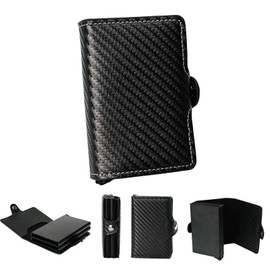 CORLAGOON Leather Wallets for Men with Slim Pop Up Card Holder for 14-16 Cards，RFID Blocking Bifold Minimalist Smart Wallet，Credit Card Holder with Cash Slot gifts for men(Carbon black)