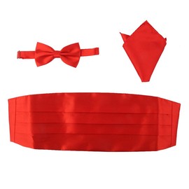 LUOEM Set of 3 Men's Satin Bow Tie Cummerbund Handkerchief Set, red